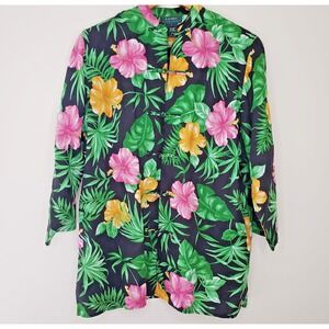 Lauren Ralph Lauren Linen‎ Tropical Tunic Sz L Floral Asian Hibiscus Resort Top